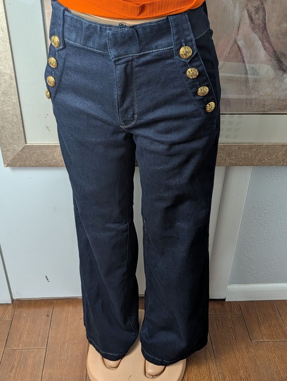 White House Black Market Dark Wash Mariner Gold Button High Rise Wide Jeans 10L